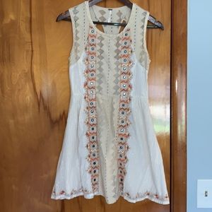 Free People size 2 summer dress. Beige with thin silver stripes, embroidery